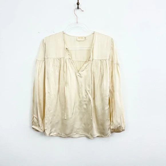 Nation LTD Satin Tie Neck Blouse XS Cream Boho Minimalist Workwear - Picture 2 of 5